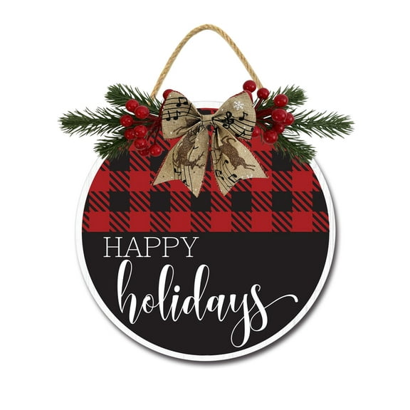 Happy Holidays Sign Front for Door Decoration, 12" Round Wood Wreaths Wall Hanging Outdoor, Farmhouse, Porch, for Spring Summer Fall All Seasons Holiday Christmas