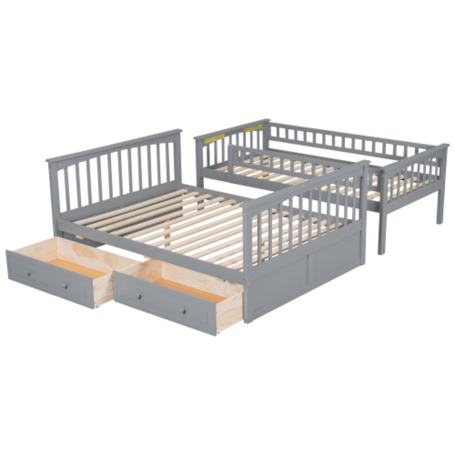 Twin Over Full Bunk Bed with Storage Drawers, Convertible Wood Bunk Bed Frame with Safety Guardrails, Solid Pine Wood Kids Bed for Bedroom, Gray