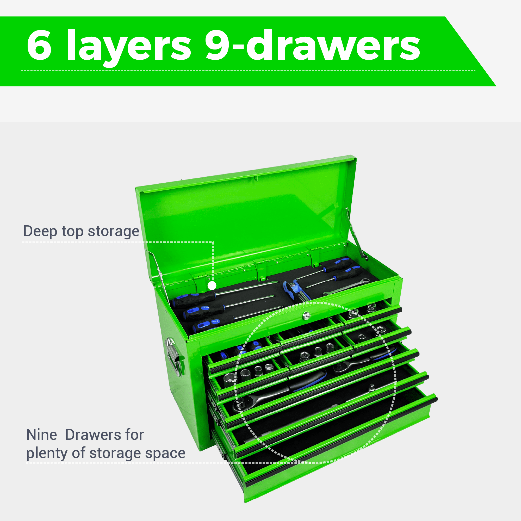 Heavy Duty Metal Tool Box,24 Inch Portable Tool Chest with 9 Drawers, Ball Bearing Slide Drawers with Auto-Locking System, Lockable Top Box Tool Organizer for Garage, Workshop, Truck,Green