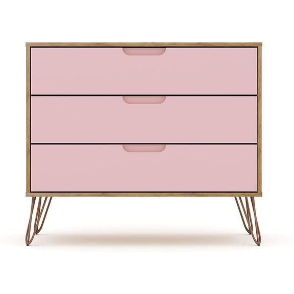 Rockefeller Mid-Century- Modern Dresser with 3- Drawers in Nature and Rose Pink