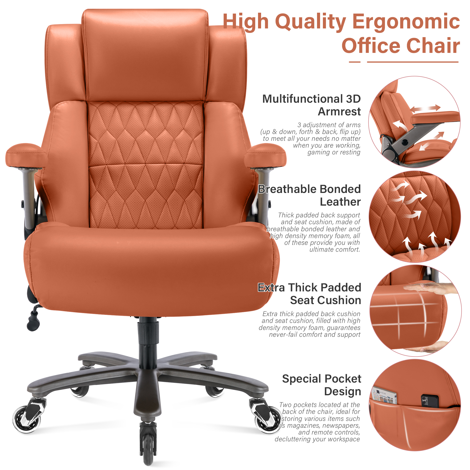 Big and Tall 700lbs Office Chair, High Back Executive Office Chair with 3D Flip up Arms, Adjustable Lumbar Support, Heavy Duty Metal Base, Home Office Computer Desk Chair, Gold Brown