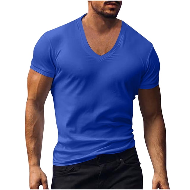 KIHOUT T-Shirts d'Été pour Hommes, Mode Décontractée pour Hommes, Col Rond Uni, Pull à Manches Courtes, Bleu TG