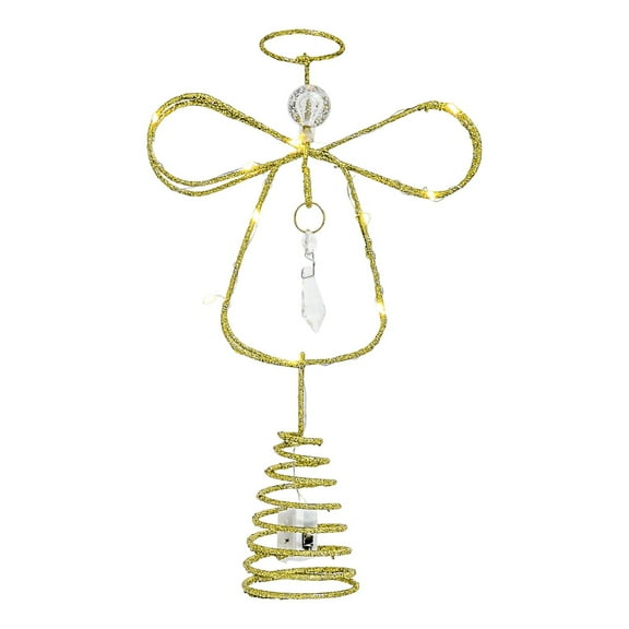 11 Inch Gold Metal Lighted Angel Tree Topper with Timer Battery Operated for Indoor Holiday Decor