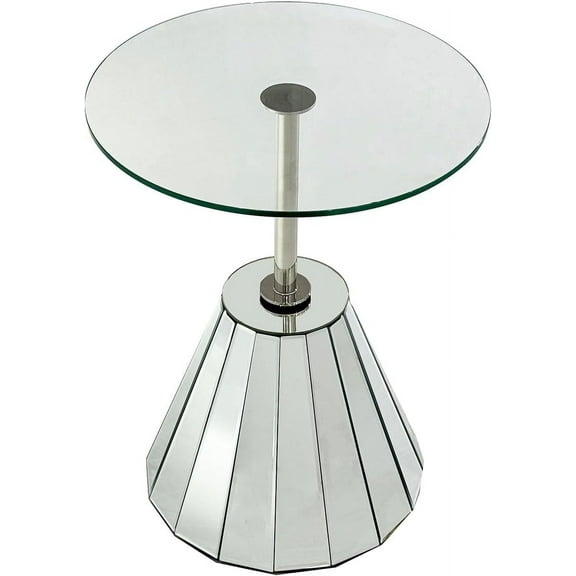 Round Mirrored Side Table with Glass Top, Modern Accent End Table with Reflective Base, Living Room Nightstand
