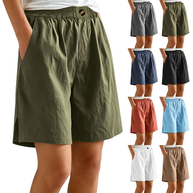 Cutuo Womens Casual Cotton Shorts Elastic Waist Solid Color Knee Length Loose Fit Bermuda Shorts with Pockets for Daily Summer Wear