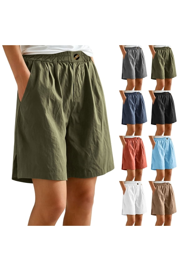 Women's Cotton Casual Shorts Solid Color Elastic Waist Loose Fit Walking with Pockets Summer Beach Shorts