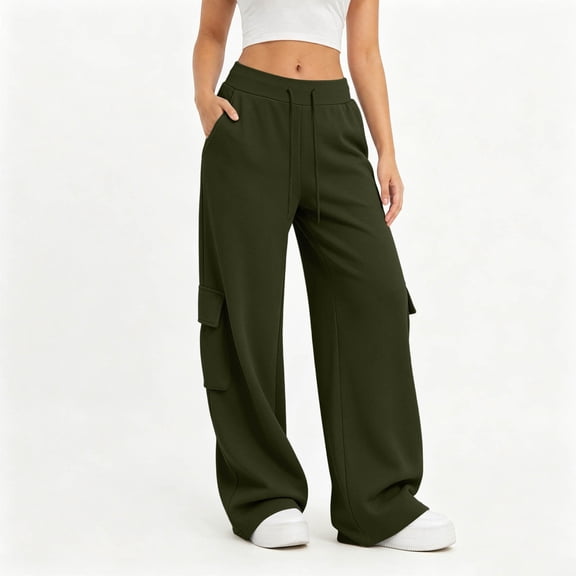 Cagogo Women's Wide Leg High Waisted Cargo Pants with Pockets Solid Casual Streetwear Lounge Pants Travel Vacation Long Trousers, Army Green 2XL