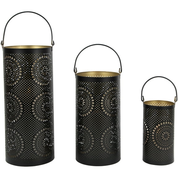 Set of 3 Black and Gold Decorative Floral Cut-Out Pillar Candle Lanterns 12.5"