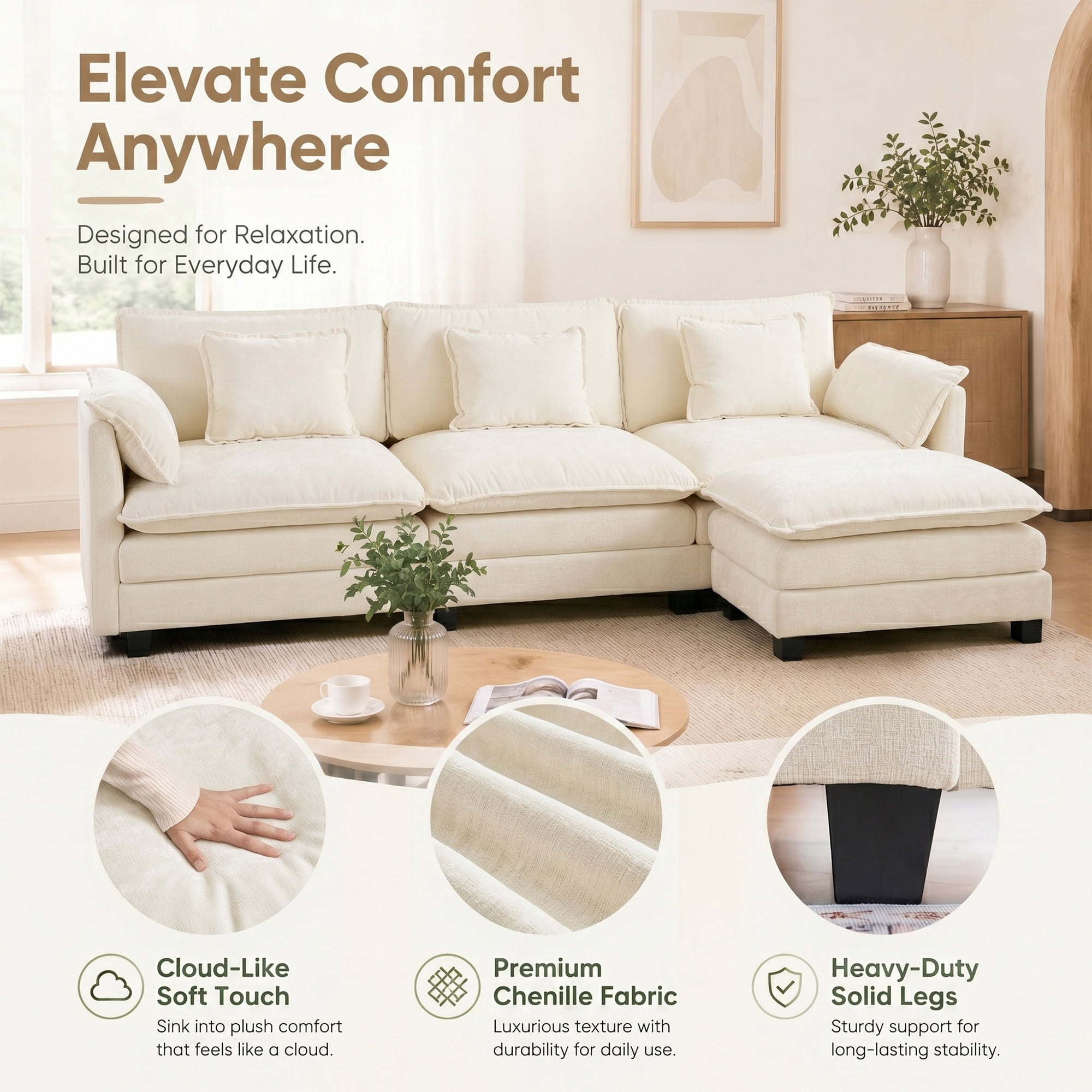 JULY'S SONG U Shaped Couch Set, 4-Seater Modular Sectional Sofa with Movable Ottoman, Deep Seat Couches and Sofas for Living Room, Comfy Cloud Couch with Detachable Cushions, Chenille Cream White