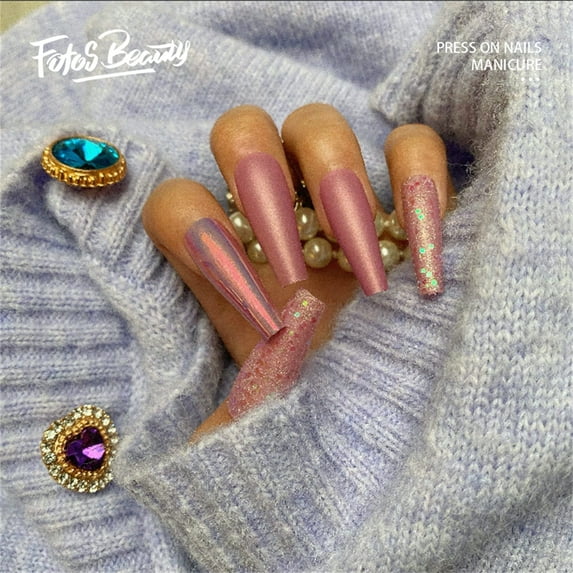 Fofosbeauty 24PCS Press on Fake Nails, Extra Long Coffin False Nails, Pink Little Mermaid