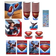 Superman Birthday Party Supplies Bundle includes 16 Napkins 6.5", 16 Cups, 16 Party Invitations, 16 Thank You Notes, 1 Table Cover, 1 Centerpiece, 1 Dinosaur Sticker Sheet