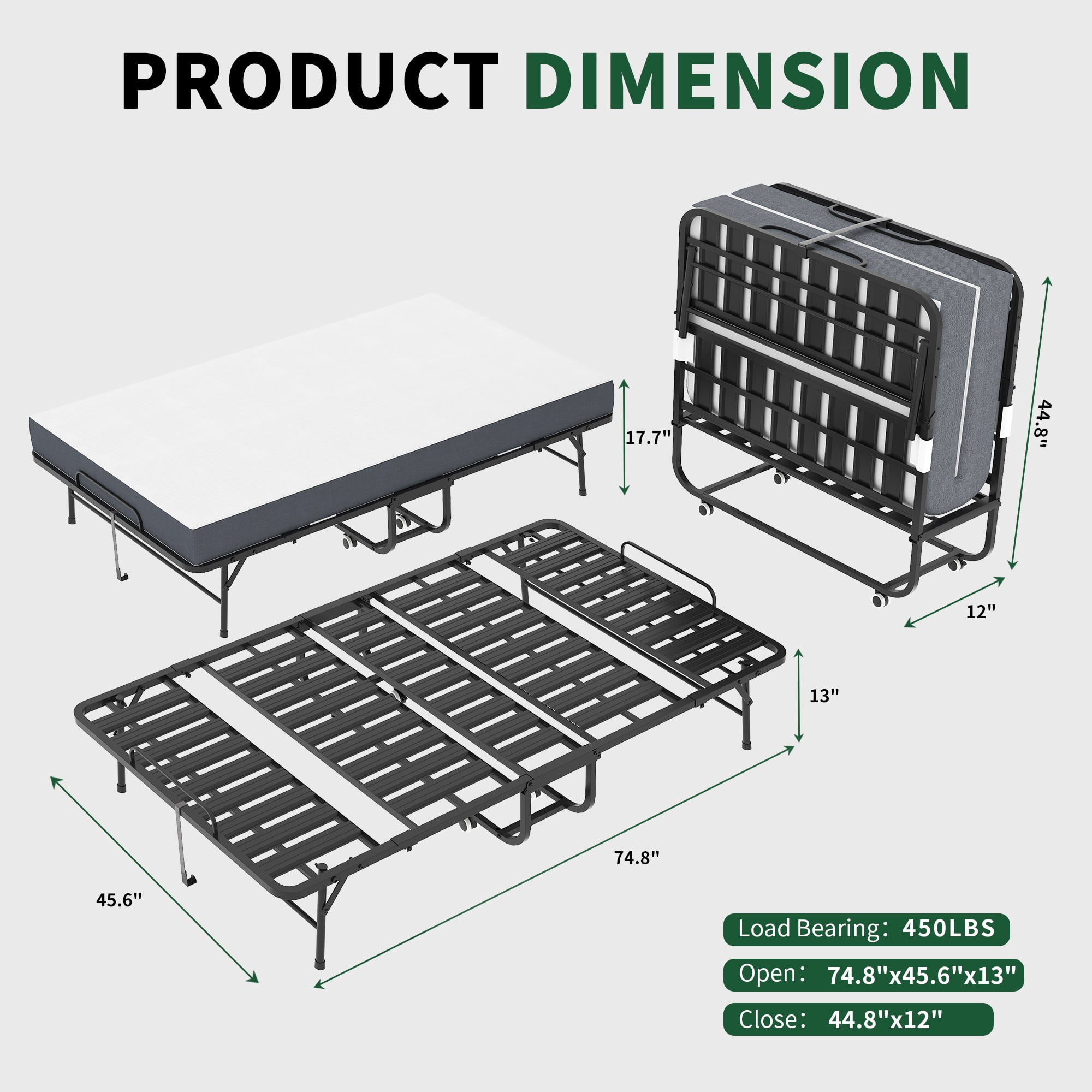 PORKISS Extra Wide Folding Bed with Mattress for Adults, Rollaway Guest Bed with 5" Memory Foam Mattress, Portable Foldable Bed with Locking Wheels, Space Saving Guest Bed, 74.8" x 45.6"
