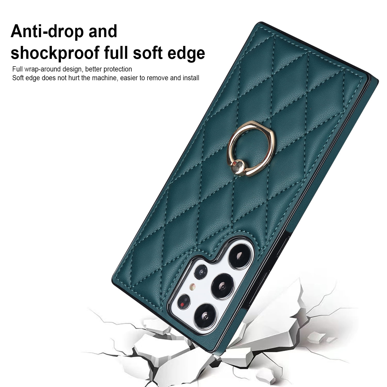 WOLLONY for Galaxy S23 Ultra Square Leather Case with Kickstand Ring Stand  Holder Luxury Retro Case for Women Girls Metal Edges Shockproof Protective