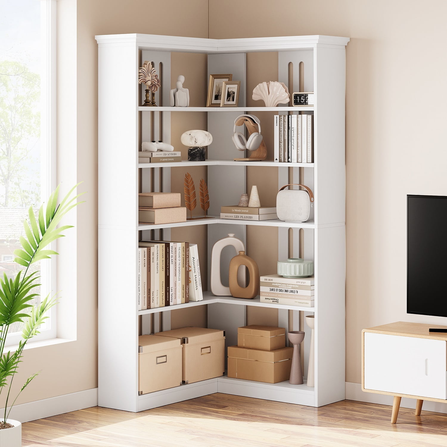 EuKer 5 Tier Corner Bookcase, L-Shaped Bookshelf with Large Storage Capacity for Living Room, Bedroom, Office (Half Panel, White)