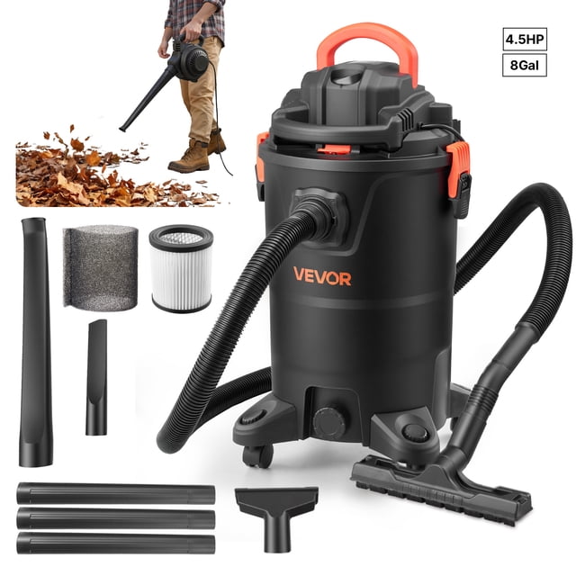 VEVOR 3-in-1 Shop Vac, 8 Gallon Wet Dry Shop Vacuum, 4.5 Peak HP Portable Vacuum Cleaner with Blower, Dual-Filter, 1350W Input Power, 1.25in x 7ft Hose, 9.8ft Cord