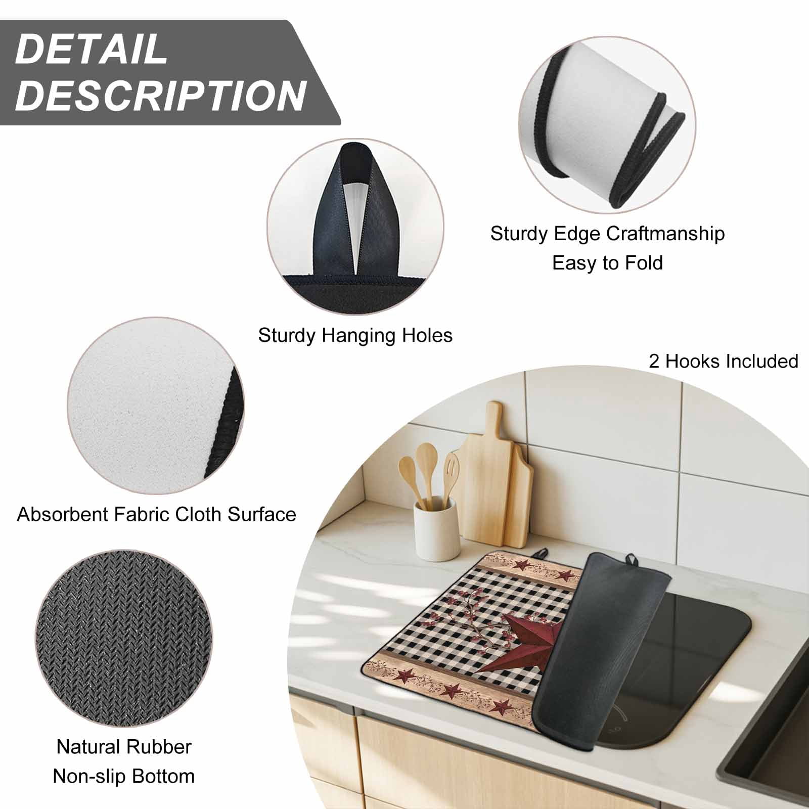 Red Texas Star Farmhouse Stove Top Cover for Electric Stove, Heat-proof & Non Slip Glass Top Stove Cover Protector, Black Plaid Berry Country Kitchen Flat Cooktop Rubber Mat 24x21 Inches