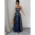 thumbnail image 5 of Navy Blue Floral Print Maxi Dress With Spaghetti Straps, Flared Hem, Sleeveless, Backless Detail, 5 of 5