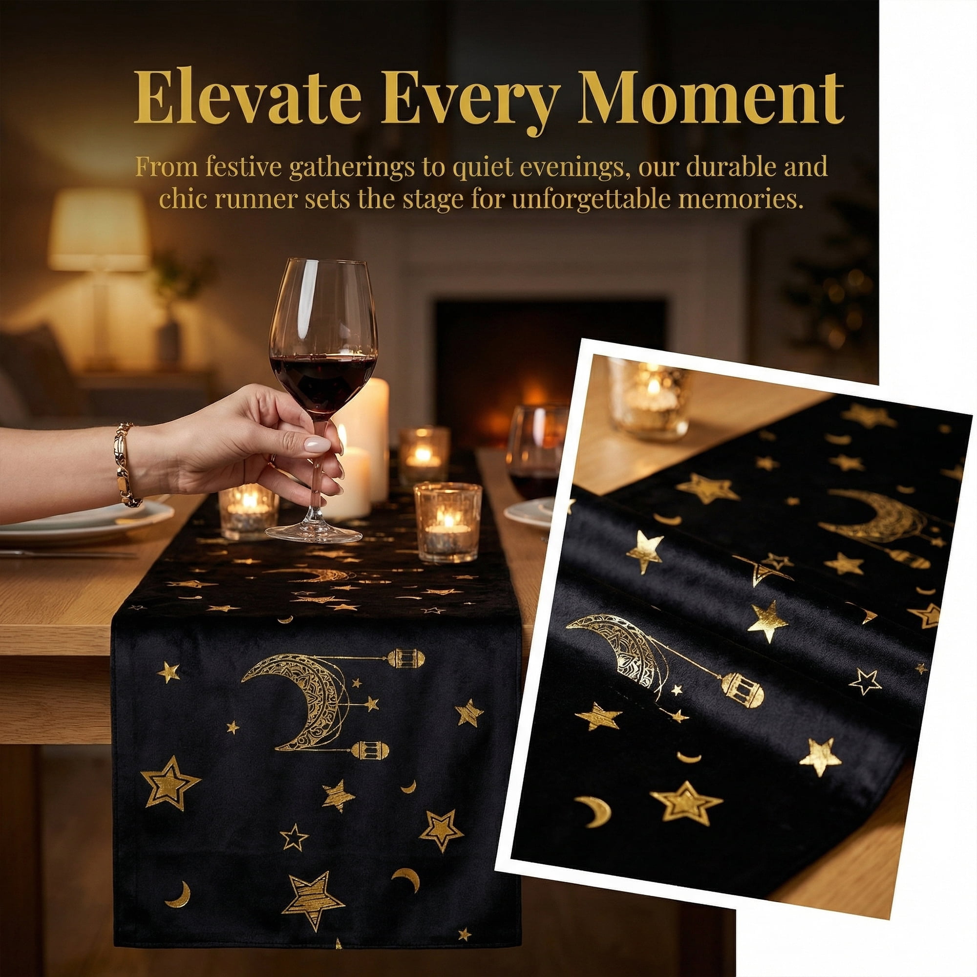 Unique Bargains Long Printed Polyester Table Runner for Decorations Black 13"x70.9"