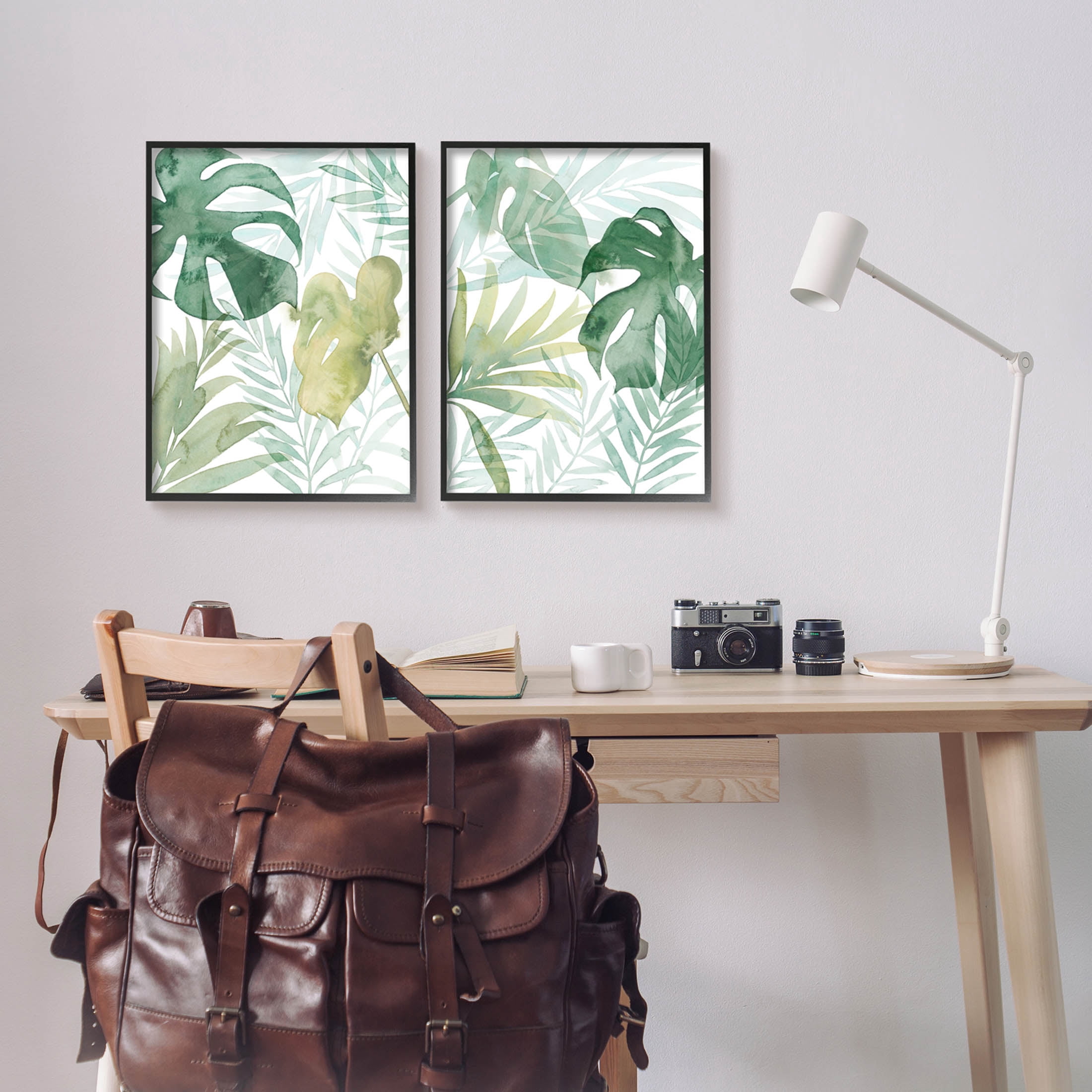 Layered Lush Green Plant Leaves Botanical & Floral Graphic Art Black Framed Art Print Wall Art, Set of 2