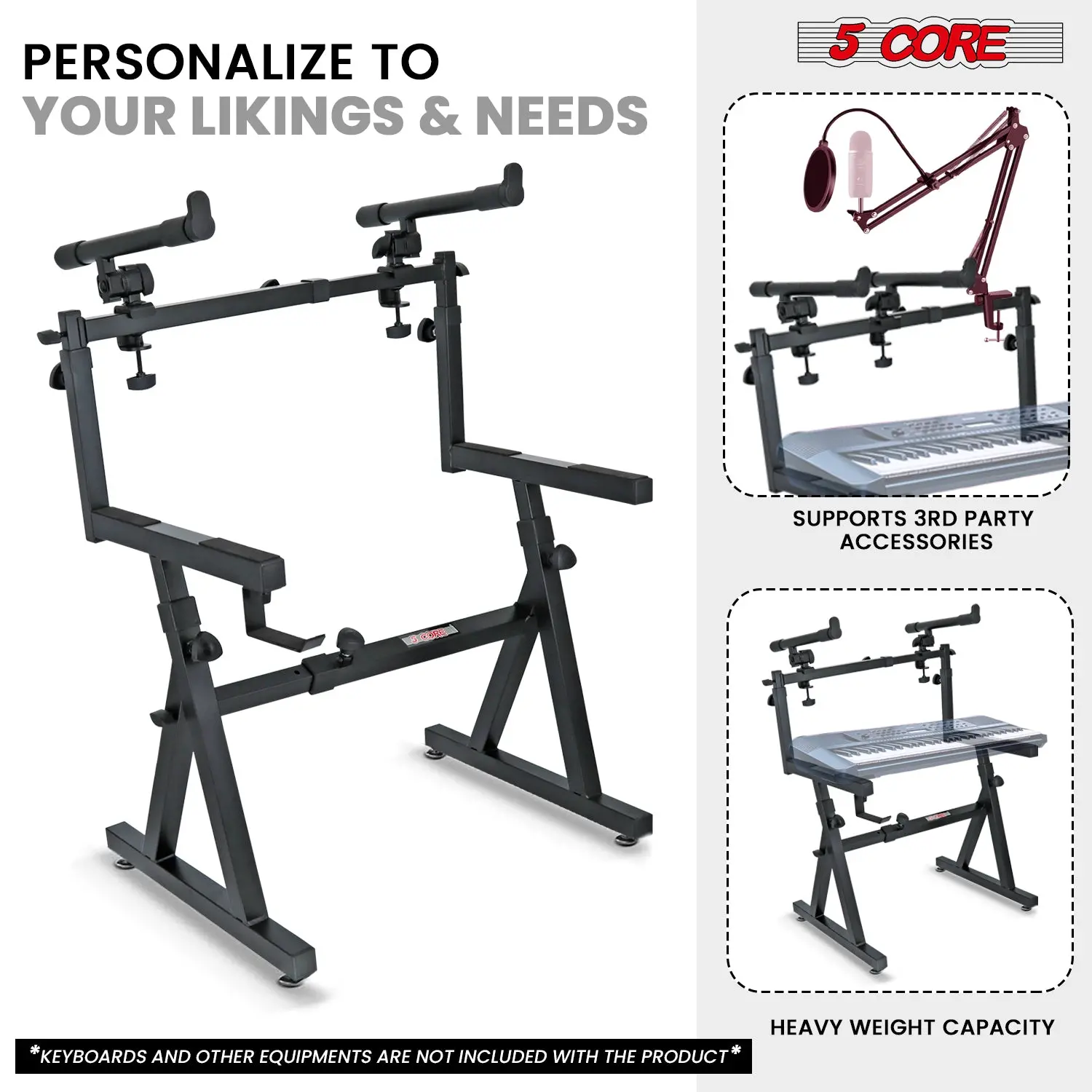 5 CORE Adjustable 2-Tier Keyboard Stand, Z-Style, Heavy Duty, Foldable, For 54-88 Key Instruments