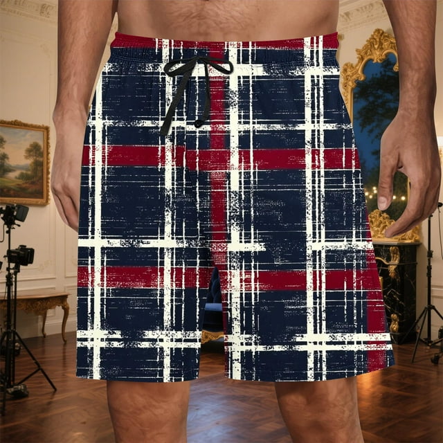 Ceisia Men's Gift Relaxed Knee-Length Plaid Shorts Elastic Waist Drawstring Purple-Black Multi-Color