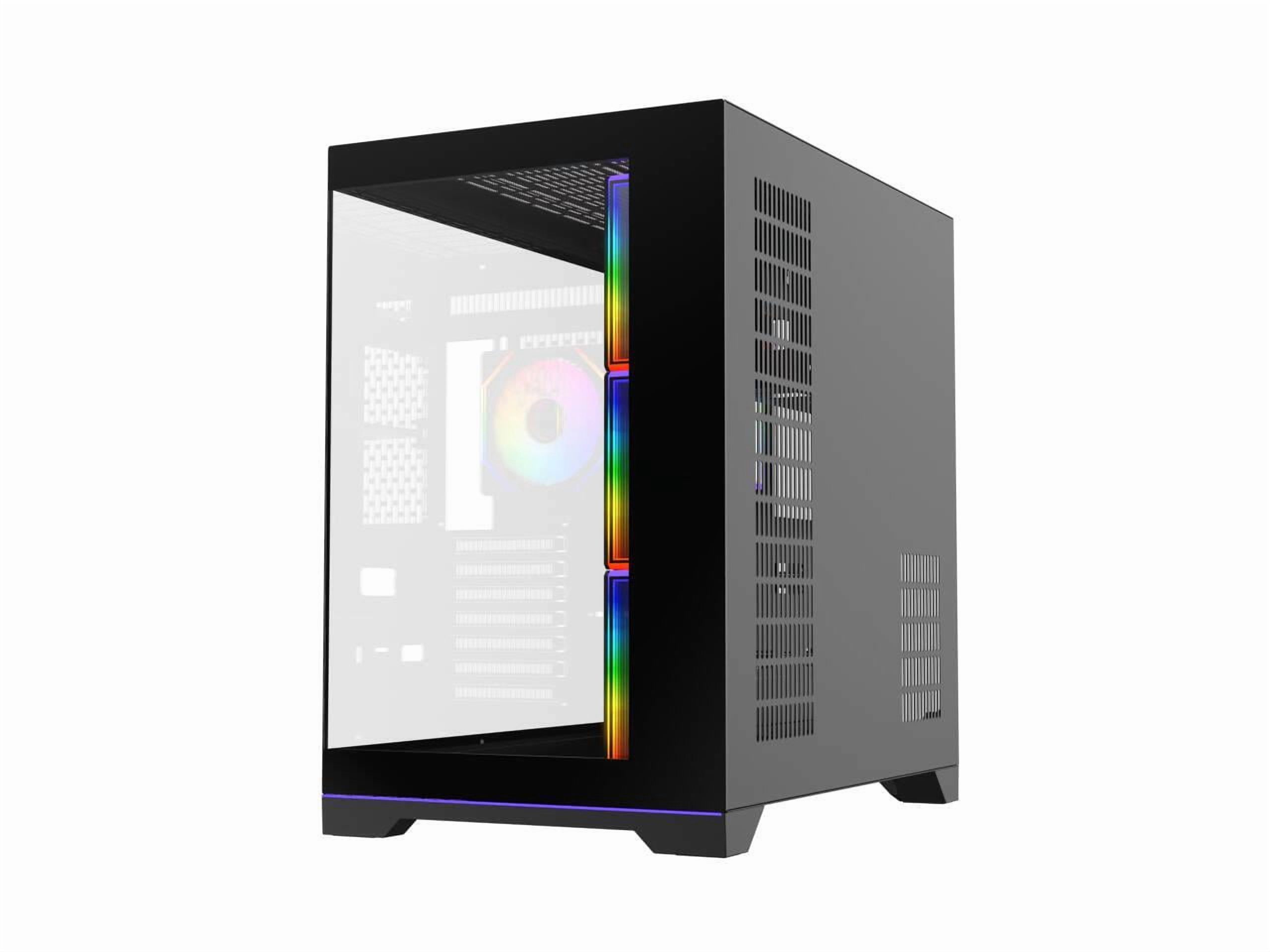 DIYPC ARGB-DC200-BK Black Dual USB3.0 Tempered Glass ATX Gaming Computer Case w/ 4 x ARGB PWM Fans (Pre-Installed) and ARGB Light Strip at Bottom.