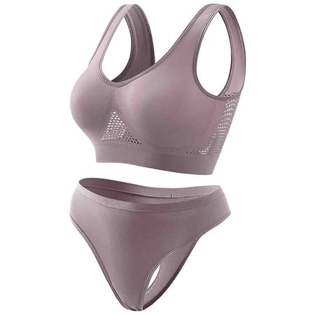 Virmaxy Womens Wirefree Sport Bras Briefs Set High Impact Workout Gym Activewear Set Workout Gathering Seamless Breathable Sports Underwear Panty Set Khaki XXXXXL