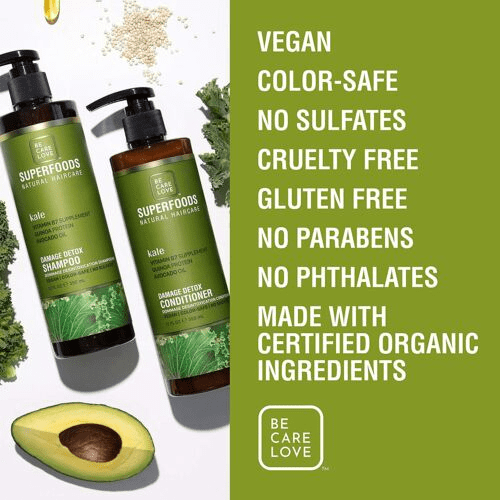 Be Care Love SuperFoods Shampoo & Conditioner Liter Duo Packs kale - Duo 12 oz each (+ 2 Free Samples) -