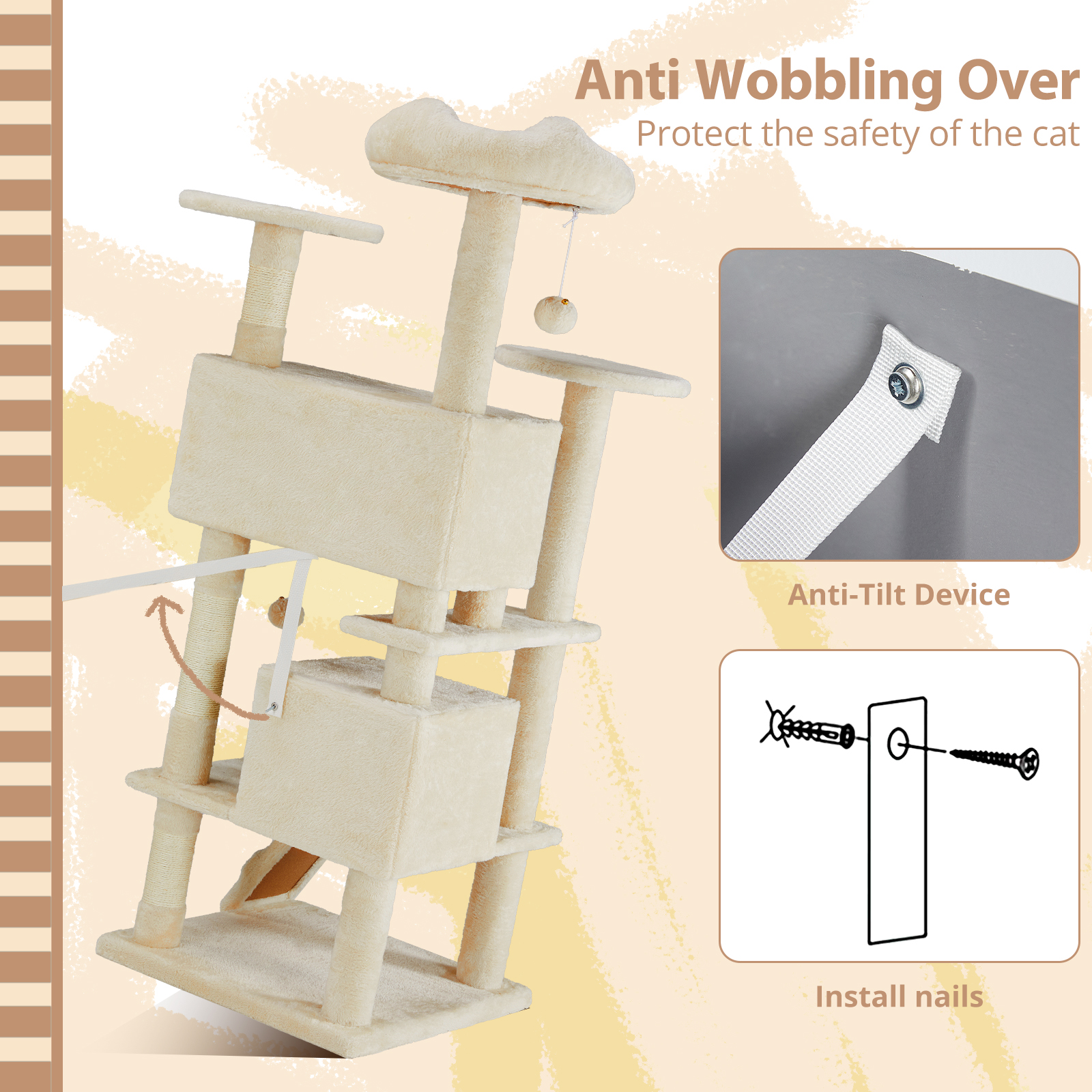 Cat Tree, 54-Inch Cat Tower with Sisal Scratching Post, Multi-Level Plush Cat Tree with Climbing Ladder, Beige
