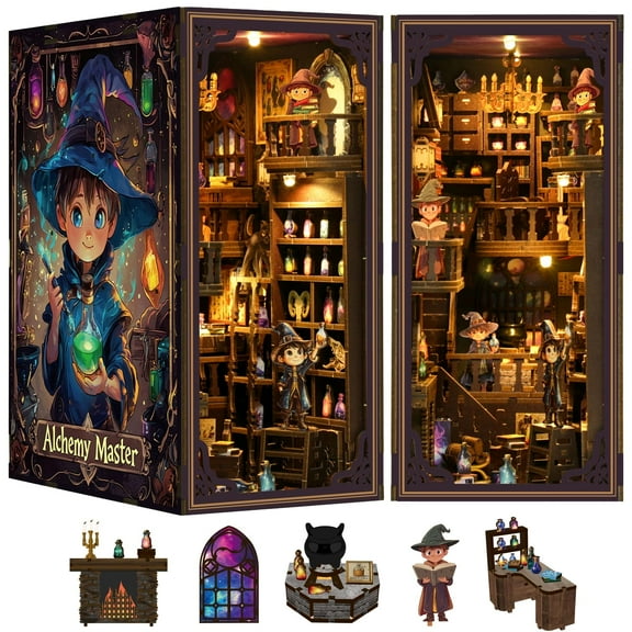 MOJINO Book Nook Kit for Adults, DIY Miniature House Kit 3D Printed Booknook Wooden Puzzle Dollhouse Bookshelf Insert Decor DIY Craft Gift Model Build with LED Light for Book Lovers
