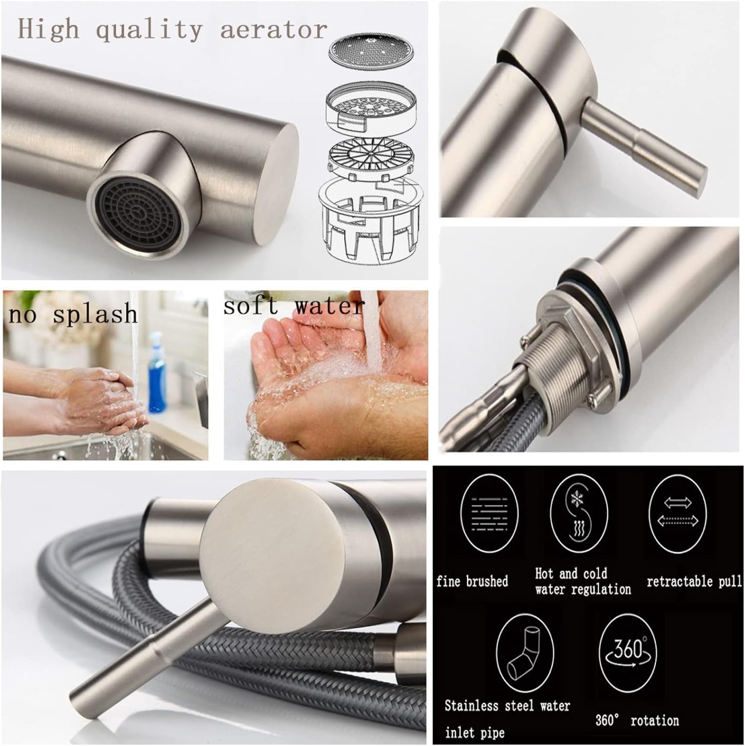 Pull Out Bathroom Faucet Brushed Nickel 360° Swivel Single Handle Vanity Sink Faucet Pull Down Bathroom Faucet