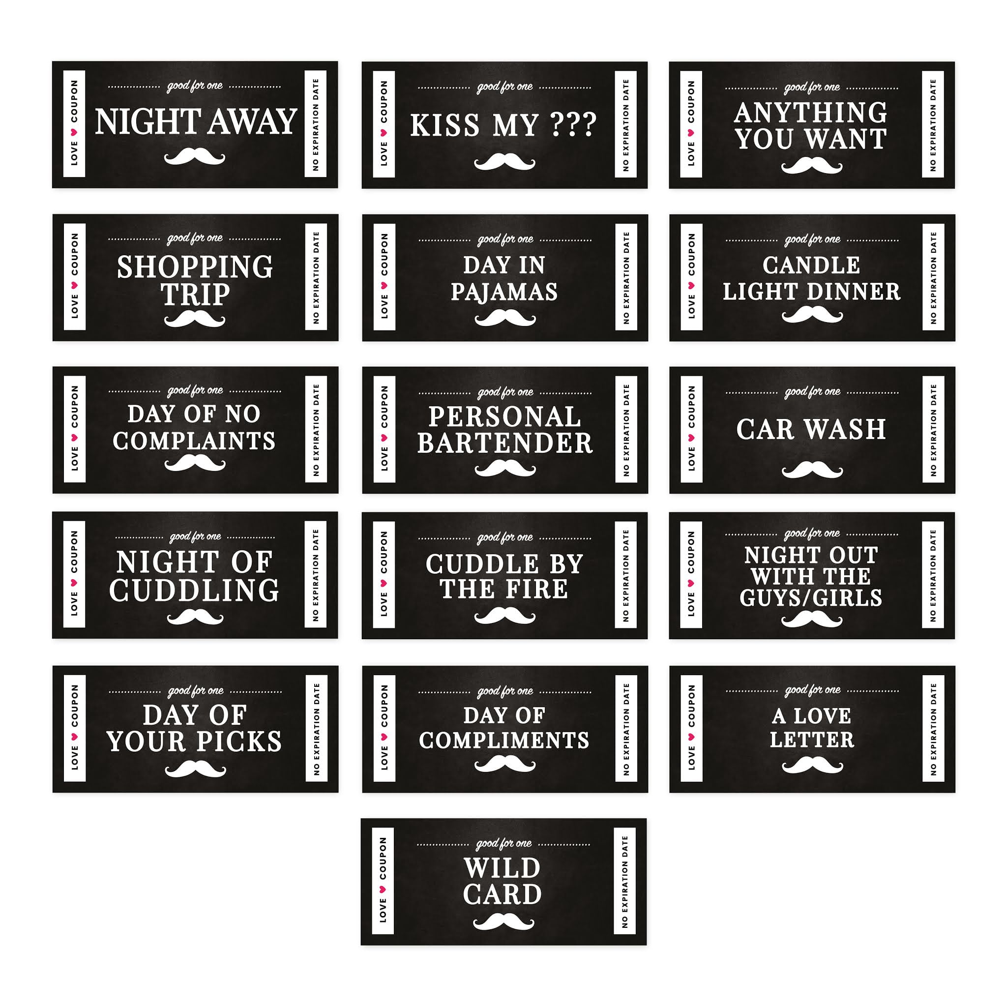 Andaz Press Mustache Design Love Coupons for Him, Her, Boyfriend,  Girlfriend, Unique Romantic Valentines Day, 16-Pack