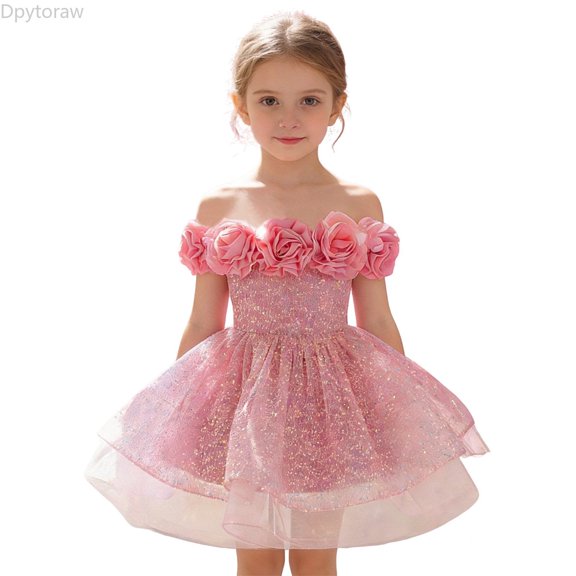 Dpytoraw Dress For Girls Off Shoulder Gown With Sequin Appliques Girl Party Formal Wear Girls Sleeveless Dresses For Wedding,Pink Size 3-4 Years
