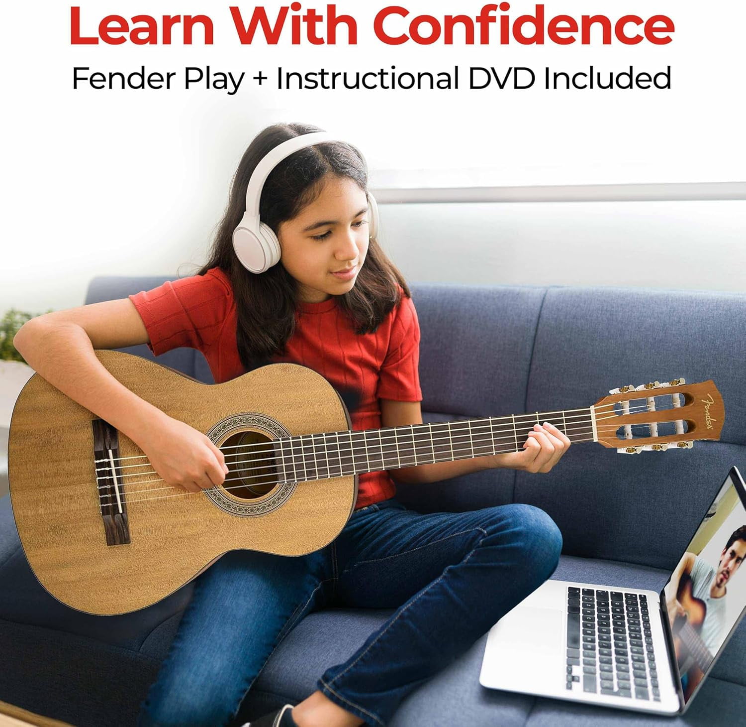 Fender FA-15N 3/4-Size Kids Classical Guitar - Natural Learn-to-Play Bundle with Gig Bag, Tuner, and Austin Bazaar Instructional DVD