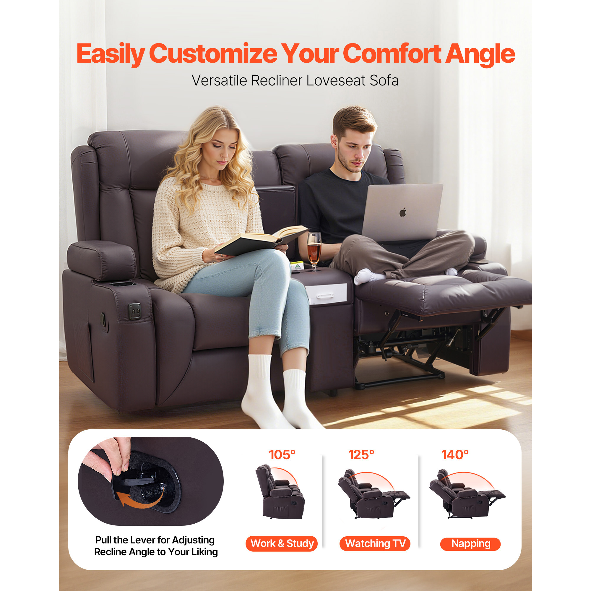 KFFKFF Manual Reclining Loveseat Sofa with Center Console, Faux Leather Upholstery, USB Ports, Cup Holders, and Storage Pockets, Dual Recliner Chair for Living Room or RV, Brown