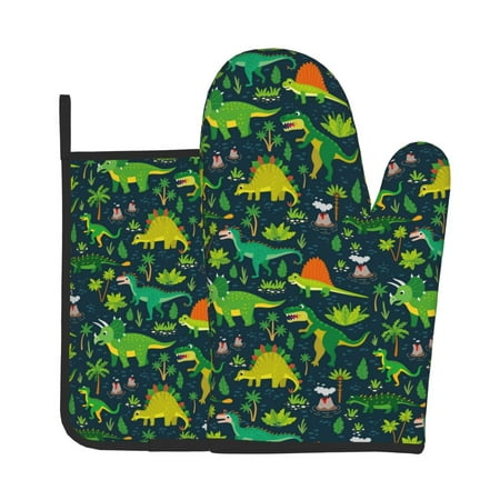 

Junzan Dinosaurs Pattern Oven Mitts and Pot Holders 2 pcs Set Potholders BBQ Gloves Long Kitchen Oven Glove for Cooking Baking Grilling (2-Piece Set 11 Inch)