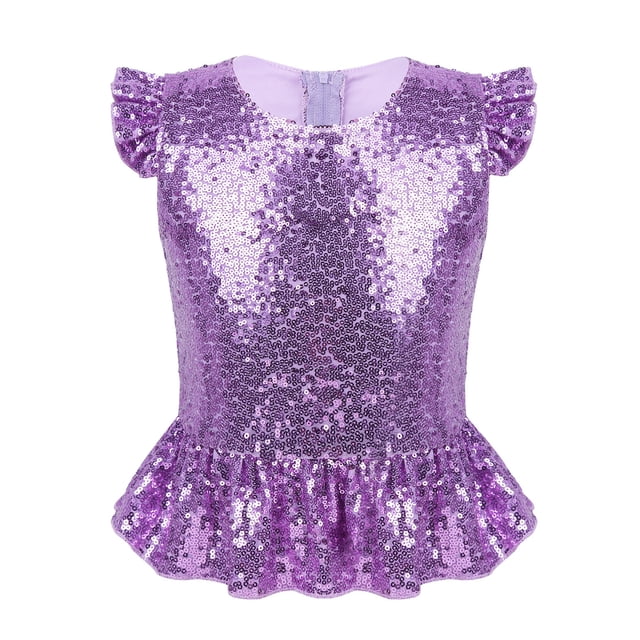 XUNZOO Girls Ruffles Embellished Sparkle Top Sequin Mermaid Costume Jazz Dance Top Rave Birthday Party Lavender 12