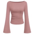 thumbnail image 4 of Ladies Tops and Blouses Long Sleeve Shirts Spring Crop Going Out Tops Casual Boat Neck Bell Sleeve Ribbed Ruched Clothes, 4 of 4