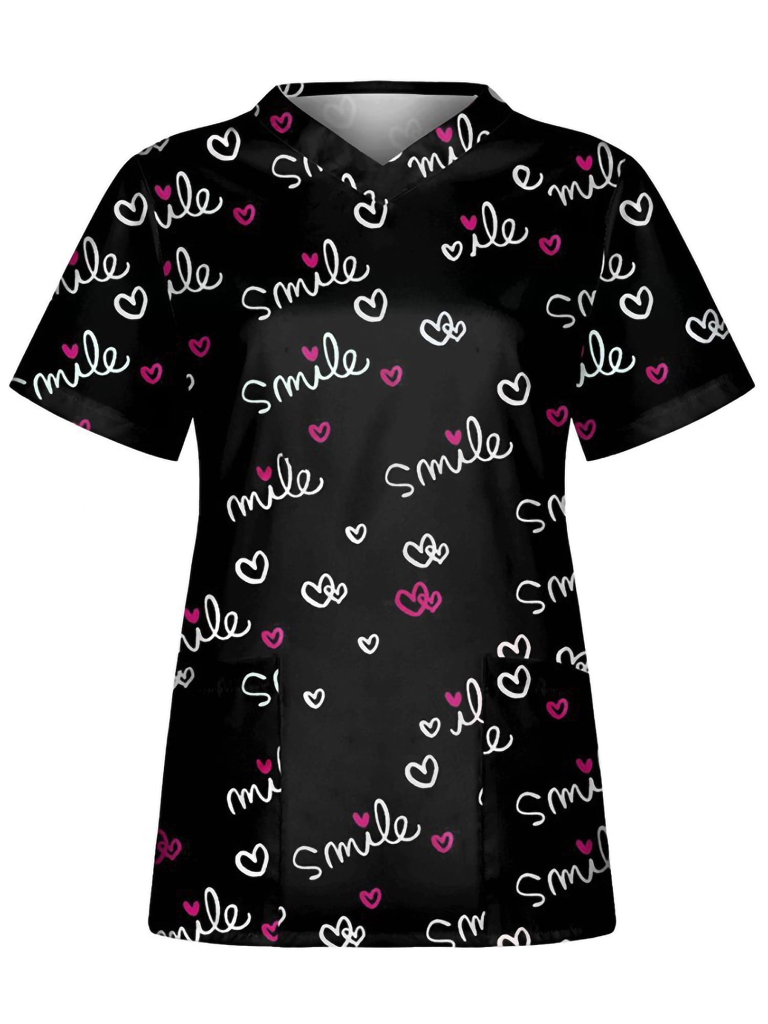 Beiwei Women Nurse Scrub Tops Heart Print Short Sleeve V Neck Tee