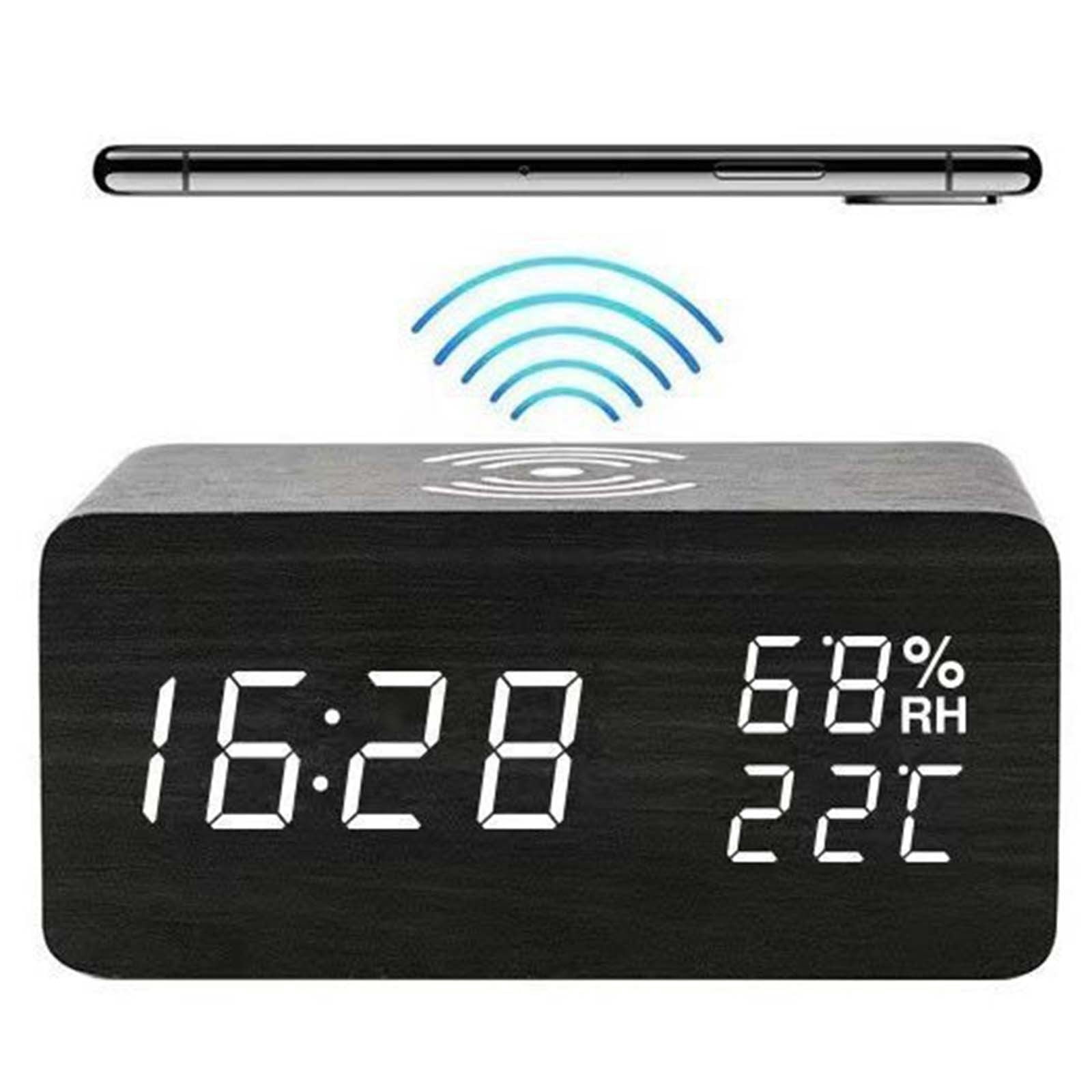 Wooden Digital Alarm Clock with Qi Wireless Charger, Large LED Display, Temp & Date for Bedroom Nightstand