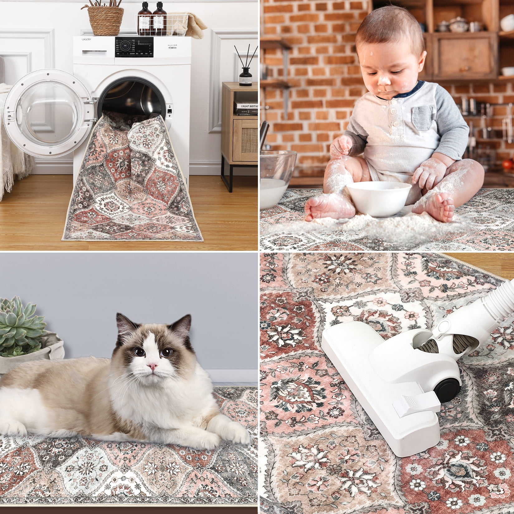 Luku 9ft*12ft Runner Rug Washable Moroccan Trellis Hallway Runner, Non-Slip Stain Resistant Area Rug Vintage Distressed Floral Kitchen Mat Floor Cover Carpet for Doorway Bedside