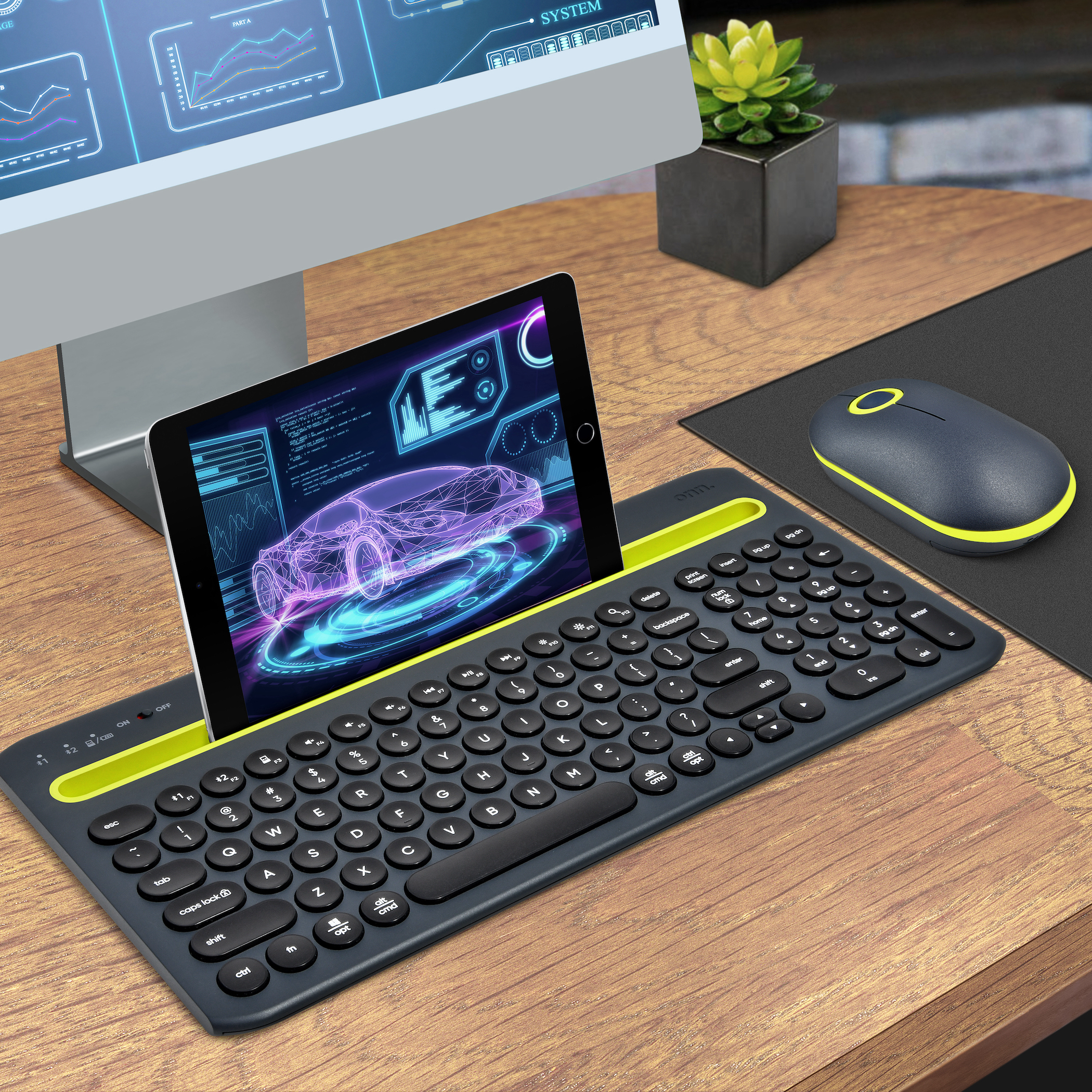 onn. Multi-Device Wireless Full-Size Keyboard and 3-Button Mouse Set, Gray & Yellow - image 2 of 18
