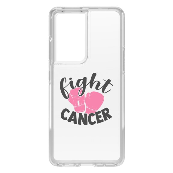 DistinctInk Clear Shockproof Hybrid Case for Galaxy S21 ULTRA 5G (6.8" Screen) - TPU Bumper Acrylic Back Tempered Glass Screen Protector - Pink Ribbon Cancer - Fight Boxing Gloves