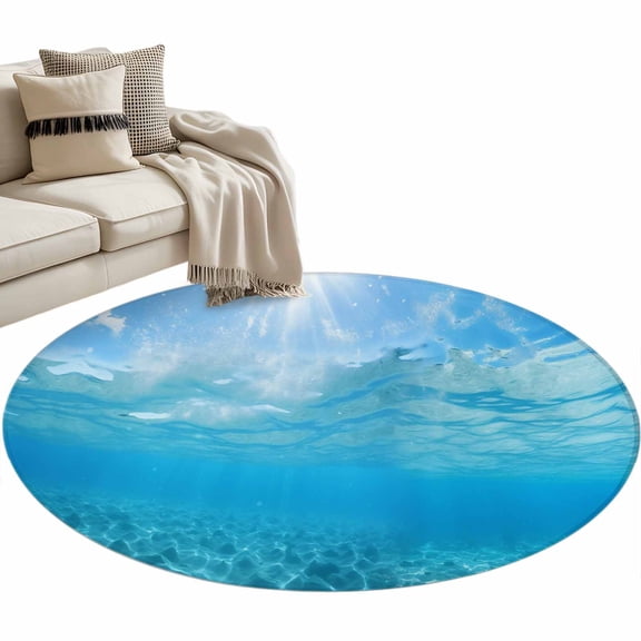 Blue Teal Summer Beach Round Area Rug 4 FT, Non Slip Indoor Outdoor Rug, Coastal Nautical Seawater Ocean Washable Soft Circular Carpet Non-Shedding Floor Mat for Coffee Table Nursery Foyer Balcony