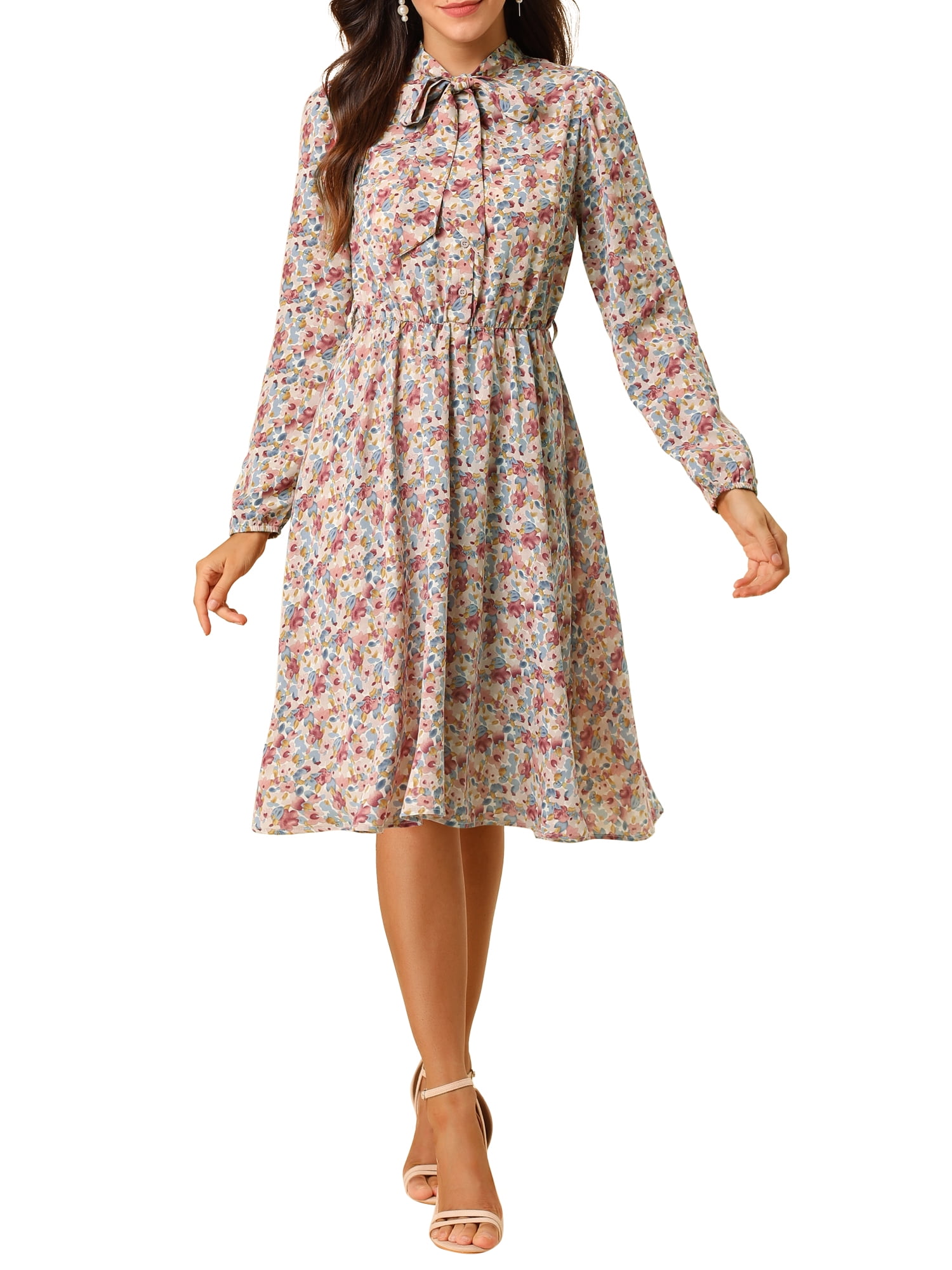 DARING DIVA Tie Neck Chiffon Belted Vintage Floral Midi Dress L Blue