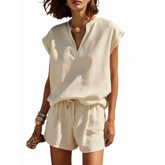 Women'S Two Piece Sets Summer V Neck Sleeveless Shorts Set Cream White L