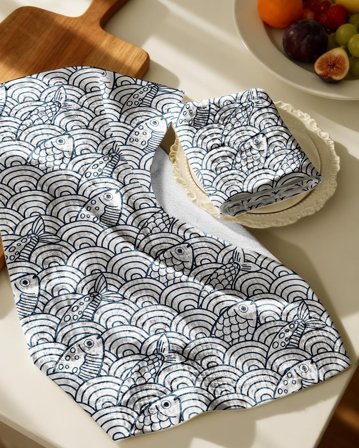 JJEAN-Cotton Waffle Kitchen Towels \u2013 Cute 370 GSM 16x25 Inch Terry Cloth Waffle Decorative Dishcloth for Kitchen Set of 2 with Hanging Loops Absorbent Hand Tea Towel for Home Design, Fish