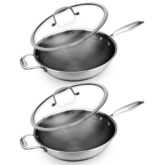 NutriChef 12" Stainless Steel Nonstick Cooking Wok Pan, Silver (2 Pack)