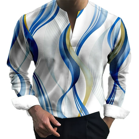 Mens Polo Shirts Casual Personalized Print Long Sleeve Ples Size Collarless Tops Fall Loose T Shirts for Man Blue L