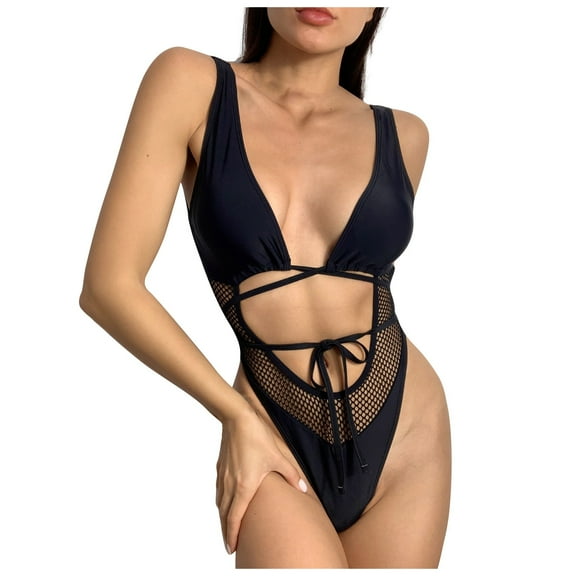 Winter Savings Clearance! Lindreshi One Piece Swimsuits for Women Bikini Black Mesh Hollow Lace-up One-Piece swimsuit Sleeveless Sexy Elastic Tigh